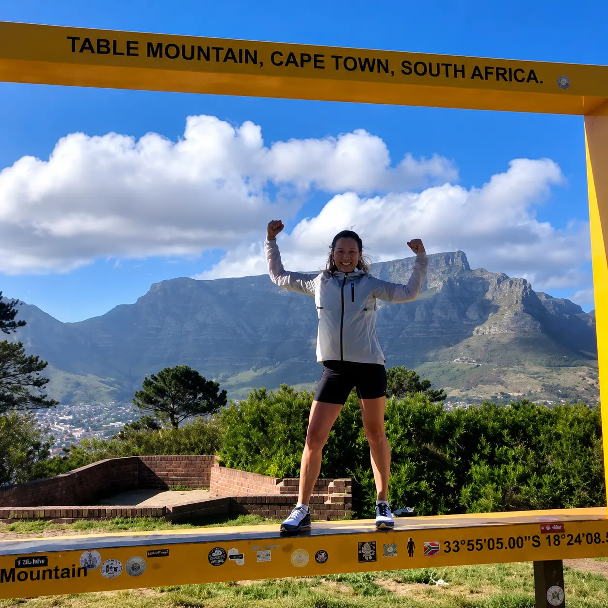 Woman in athletic clothing celebrating with raised arms inside a yellow Table Mountain photo frame with Table Mountain in the background.