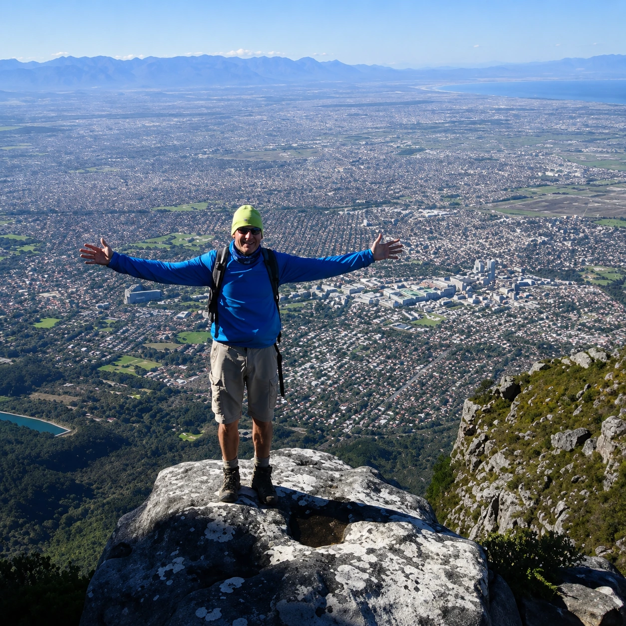 Hiker standing with arms outstretched on a rocky viewpoint on Table Mountain overlooking Cape Town and the surrounding mountains.
