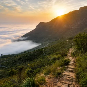 Rocky trail overlooking low clouds as golden sunrise light illuminates the mountain slopes in Cape Town.