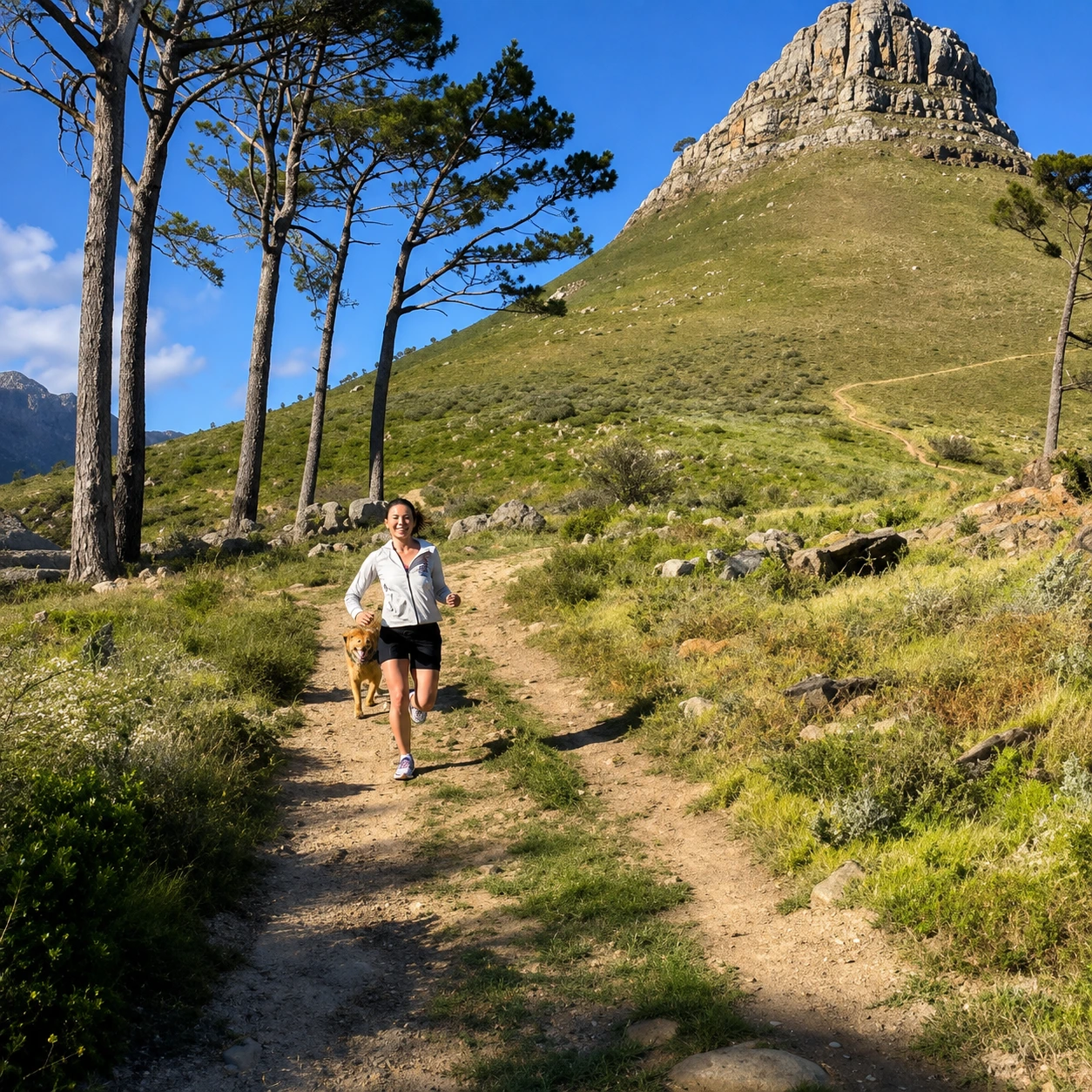 Woman trail running with a dog along a mountain path beneath Lion’s Head in Cape Town on a clear sunny day.