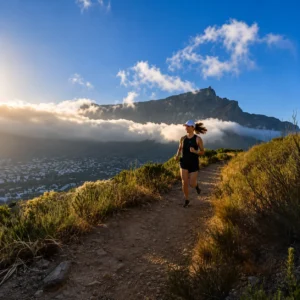 Trail runner on a mountain path with Table Mountain rising above low clouds and Cape Town visible on the slopes below.