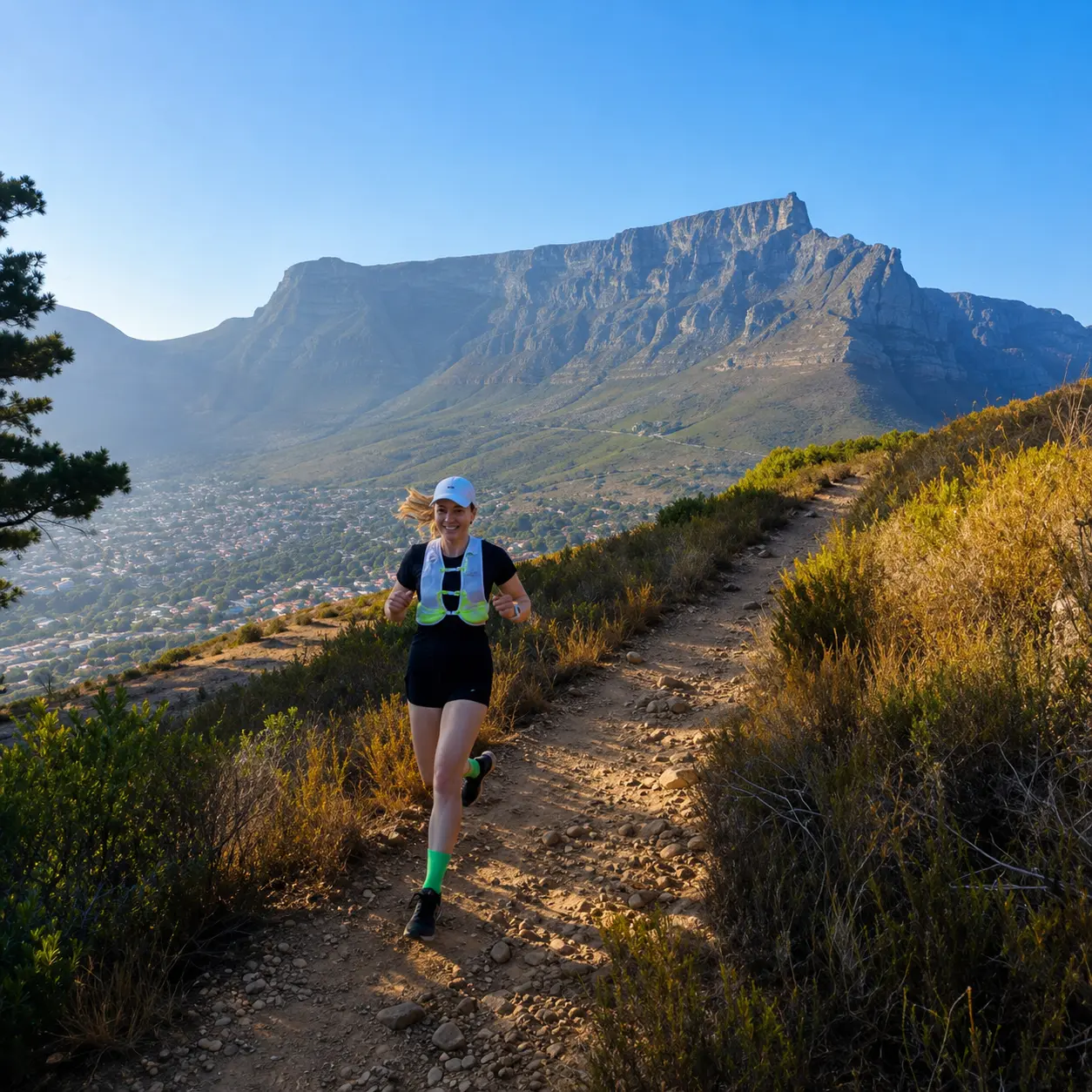Trail runner on a rocky mountain path with Table Mountain rising dramatically in the background in Cape Town.