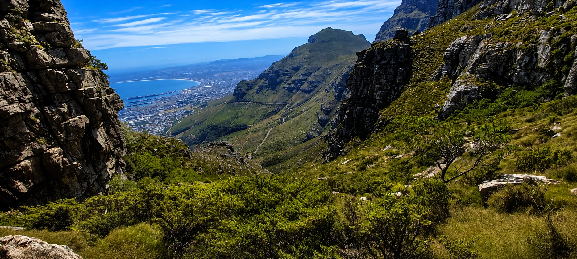 Platteklip Gorge hiking trail ascending Table Mountain above Cape Town