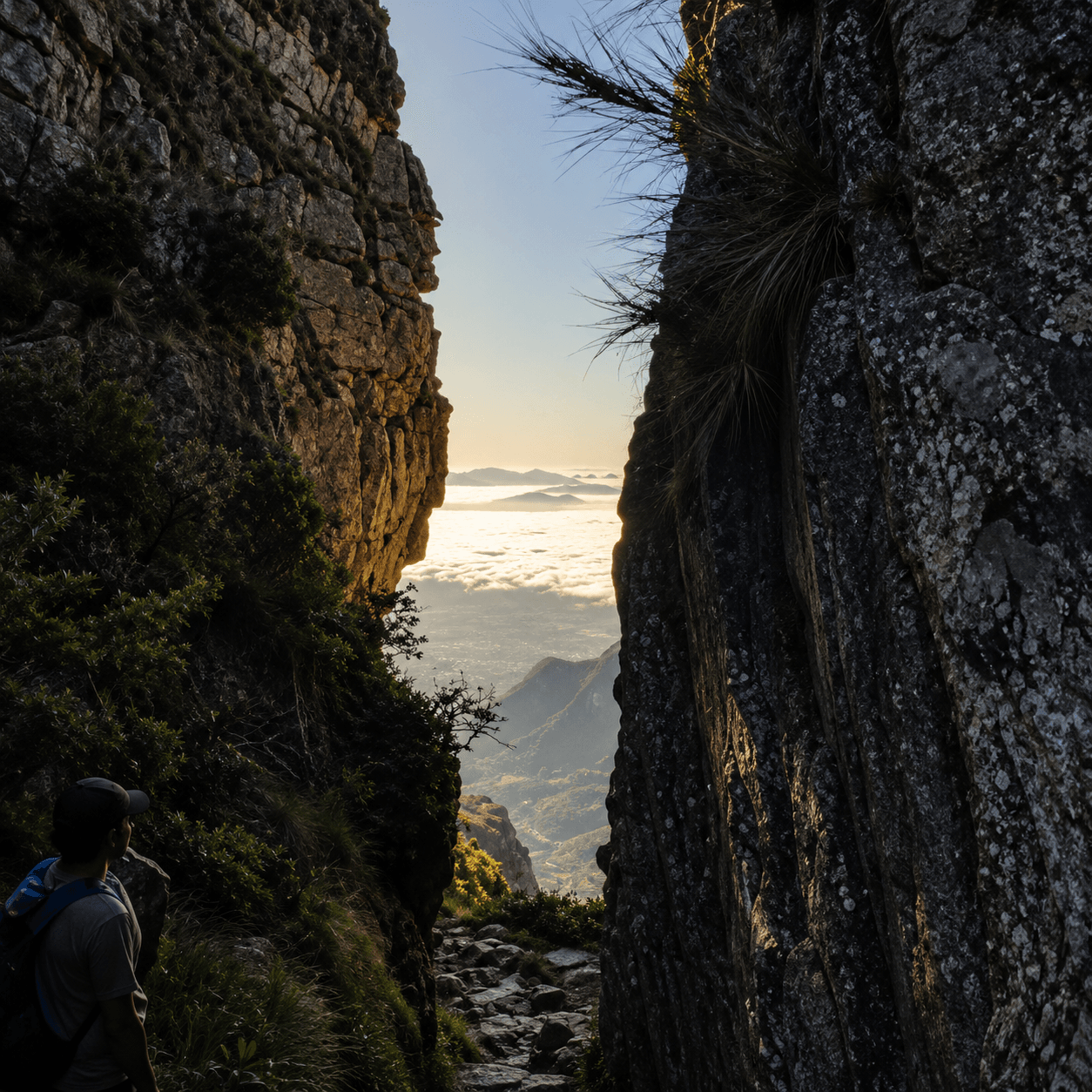 Hiker on a rocky Table Mountain trail between steep cliffs overlooking a valley covered in low clouds near Cape Town.