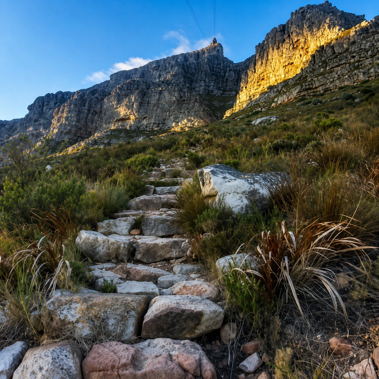 Rocky hiking trail climbing Table Mountain through indigenous fynbos with dramatic cliffs and the cableway above.
