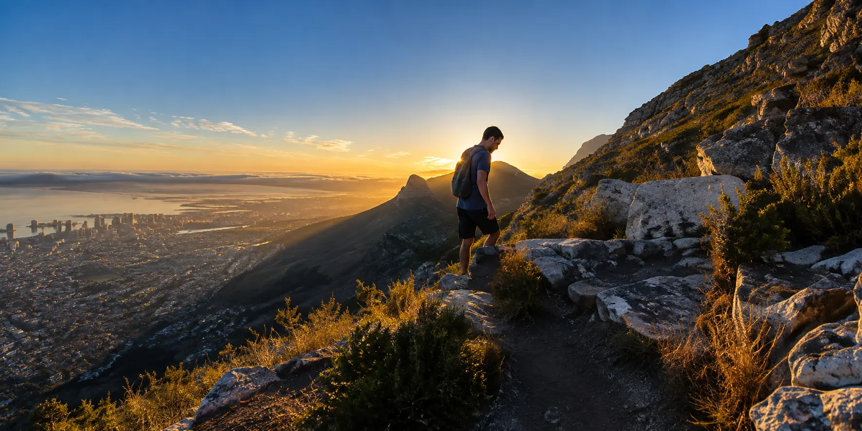 Hiker walking along a rocky Table Mountain trail at sunrise with panoramic views over Cape Town and the Atlantic coastline.