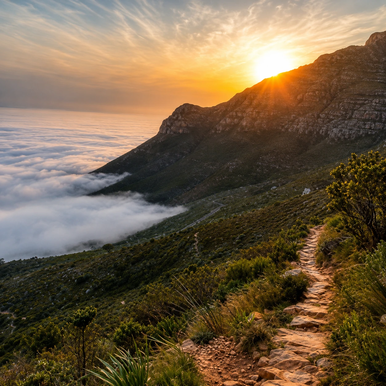 Rocky Table Mountain hiking trail at sunrise overlooking low clouds and rugged mountain slopes in Cape Town.