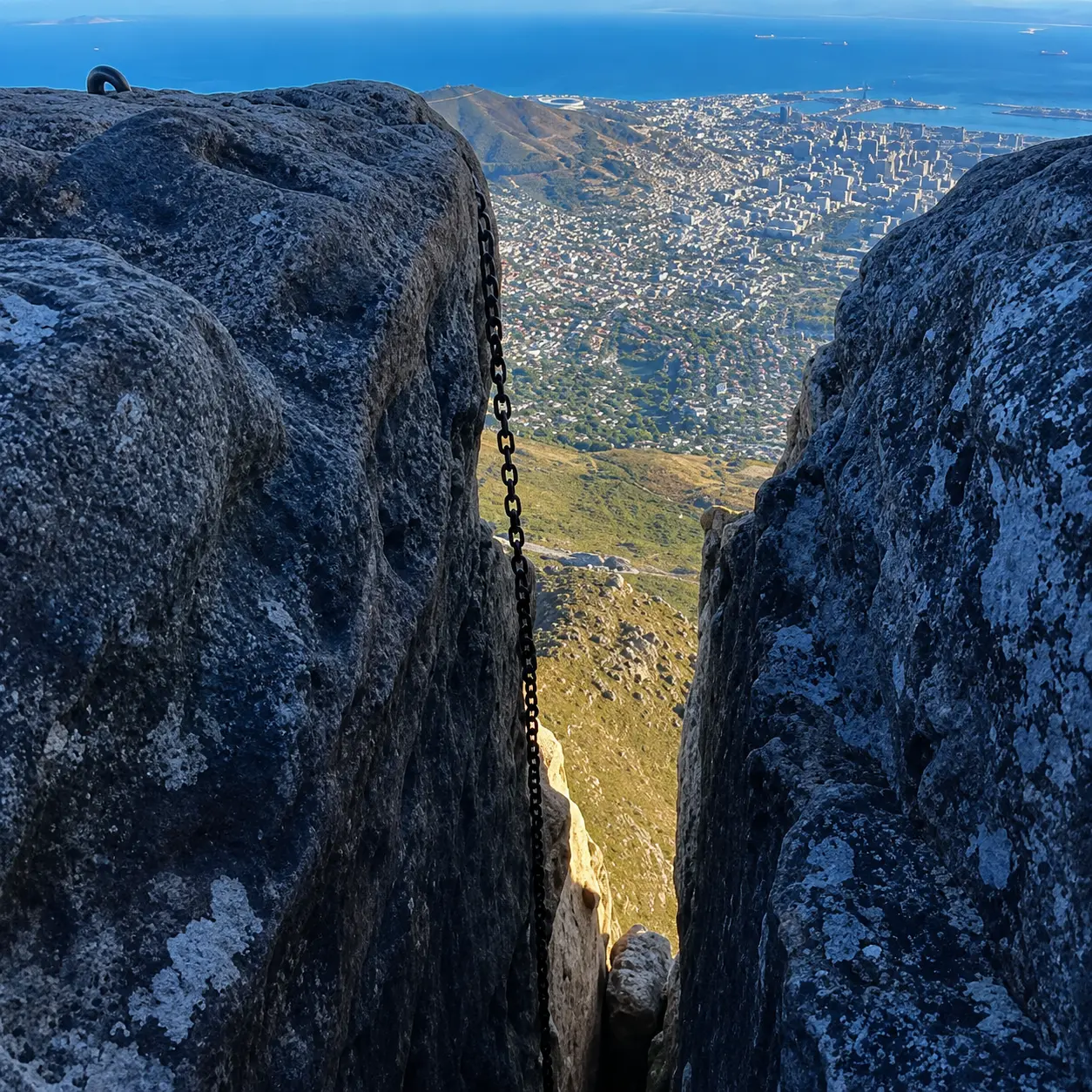 Fixed metal chain descending through a narrow rocky mountain passage with panoramic views over Cape Town and the ocean below