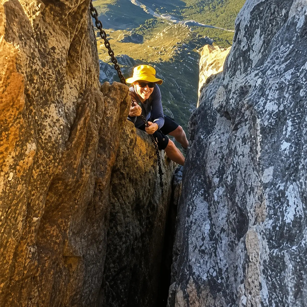 Hiker using a metal chain to climb through a narrow rocky passage on an adventurous Table Mountain hiking route in Cape Town.