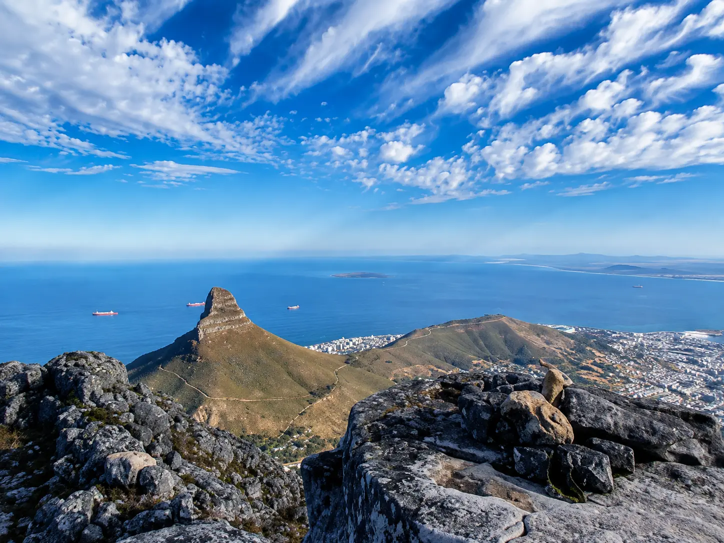 Panoramic view of Lion’s Head, Cape Town, Table Bay and the Atlantic Ocean from a rocky viewpoint on Table Mountain.