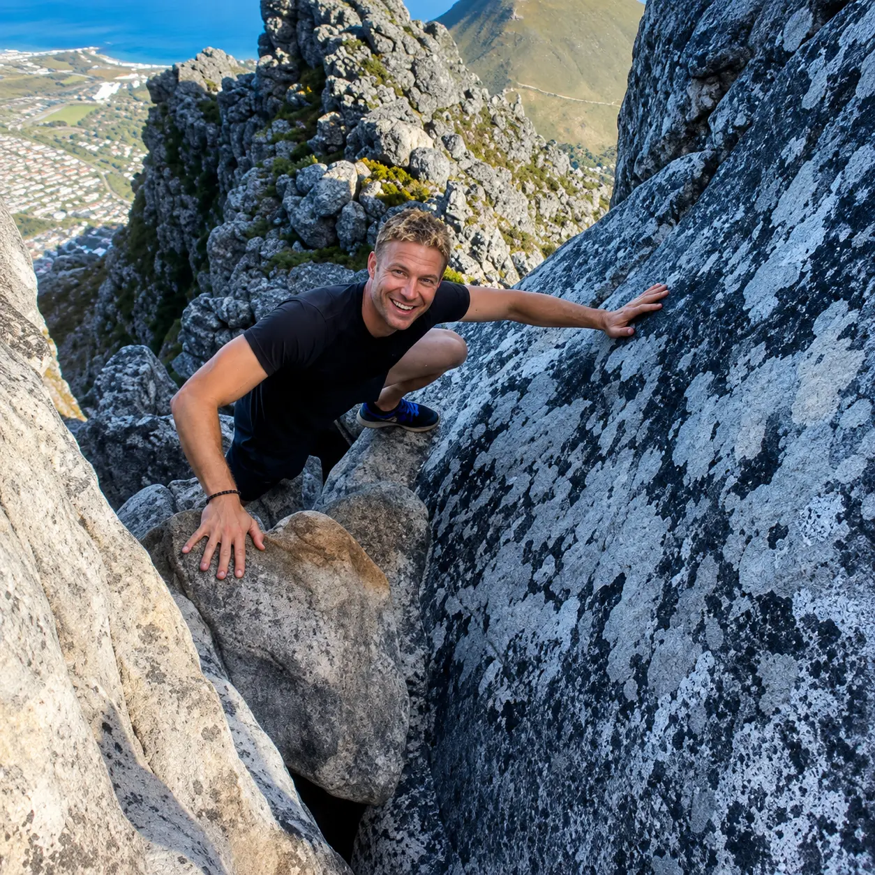 Hiker scrambling between large sandstone rocks on a steep Table Mountain route with Cape Town and the Atlantic Ocean below.