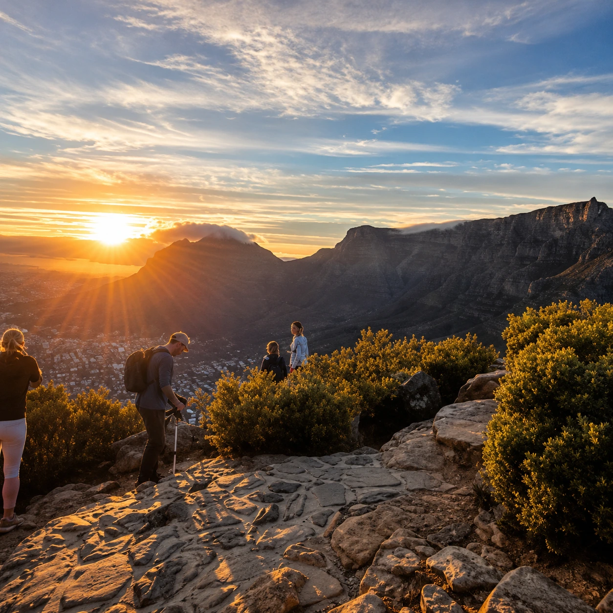 Guests enjoying a guided Lion's Head sunrise hike with panoramic views of Table Mountain and Cape Town at sunrise.