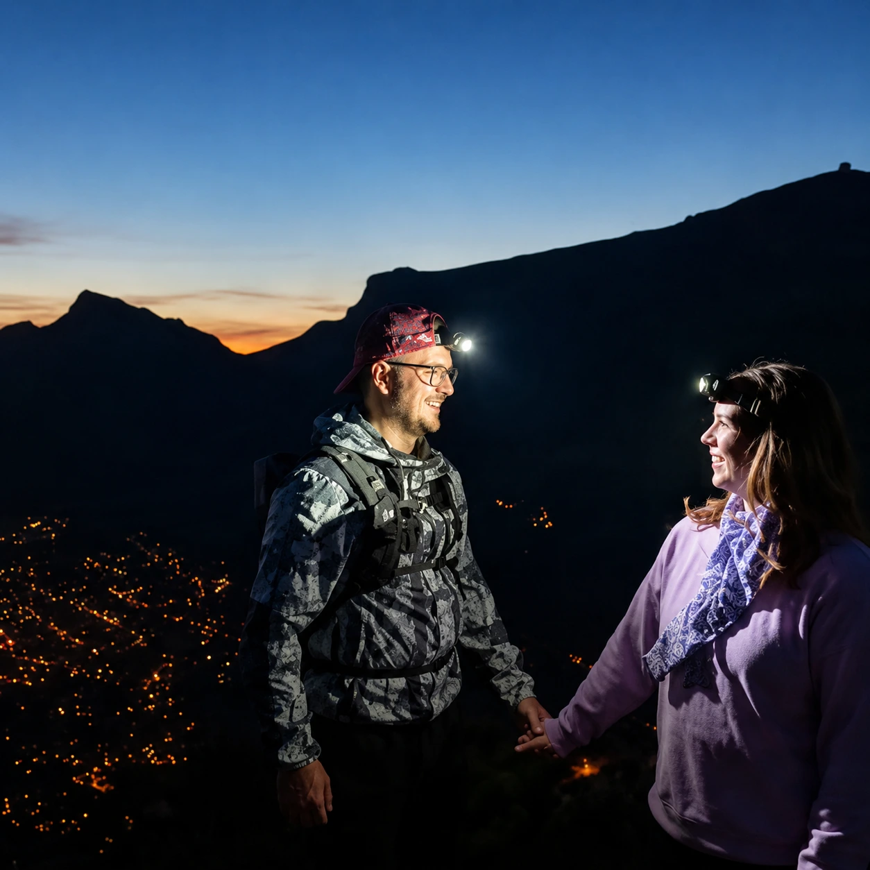 Two hikers wearing headlamps hold hands on a mountain at dawn, with city lights glowing in the valley below.