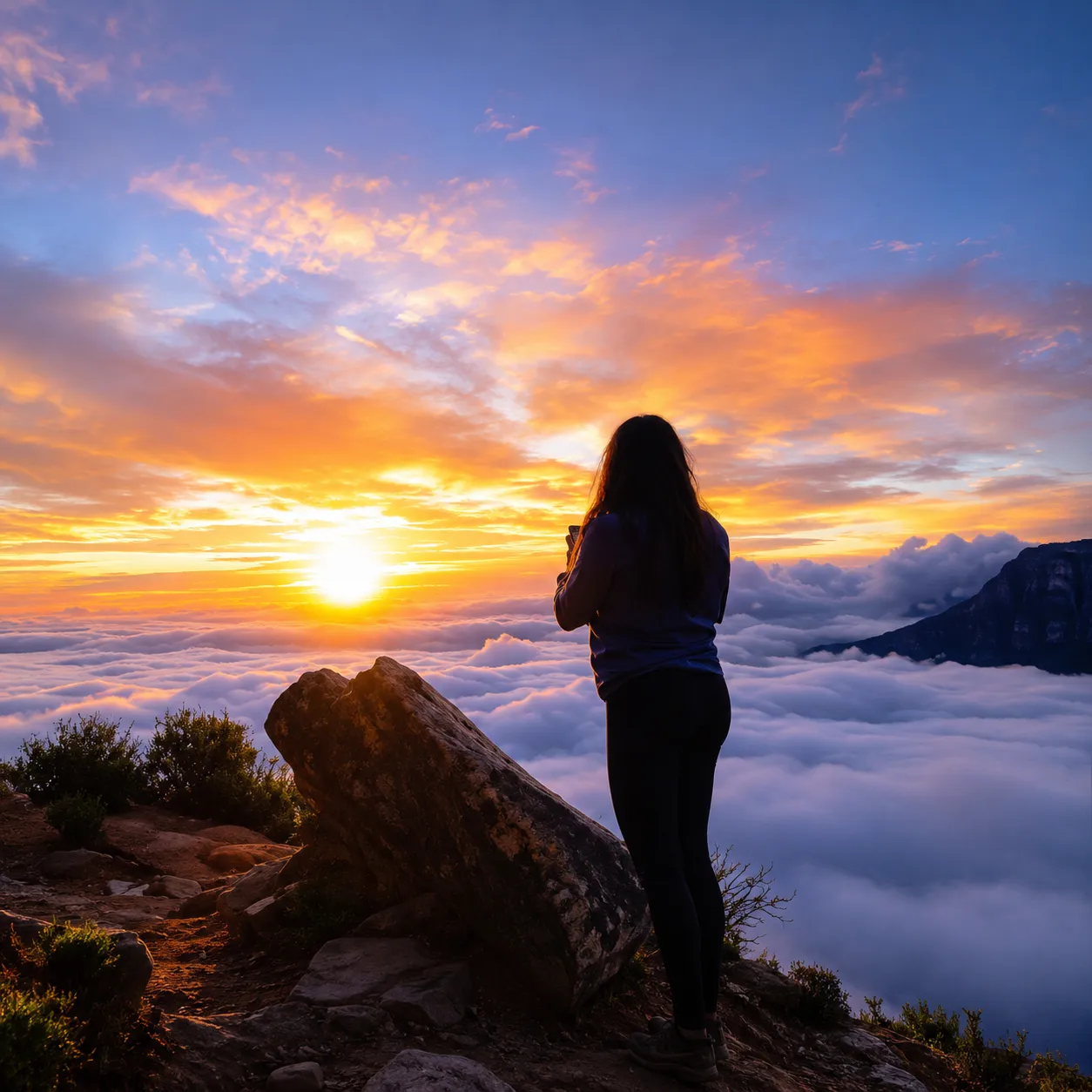 Guest enjoying a guided Lion's Head sunrise hike above a sea of clouds with panoramic views of Cape Town.