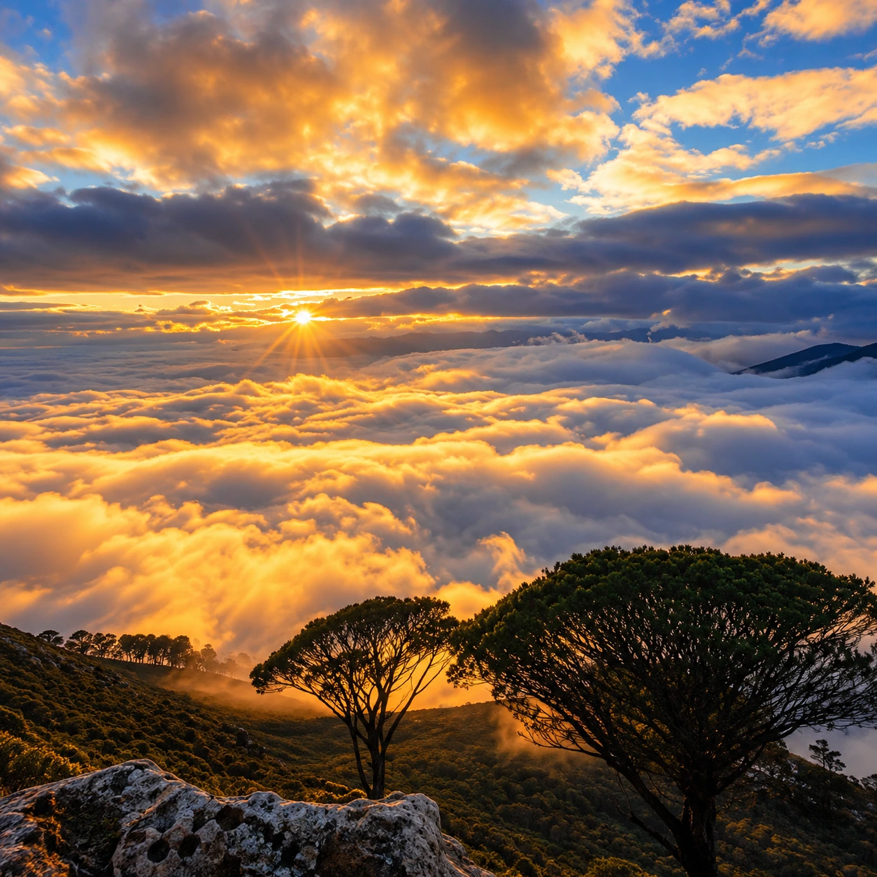 Golden sunrise above a sea of clouds on Table Mountain with indigenous fynbos in the foreground, Cape Town.