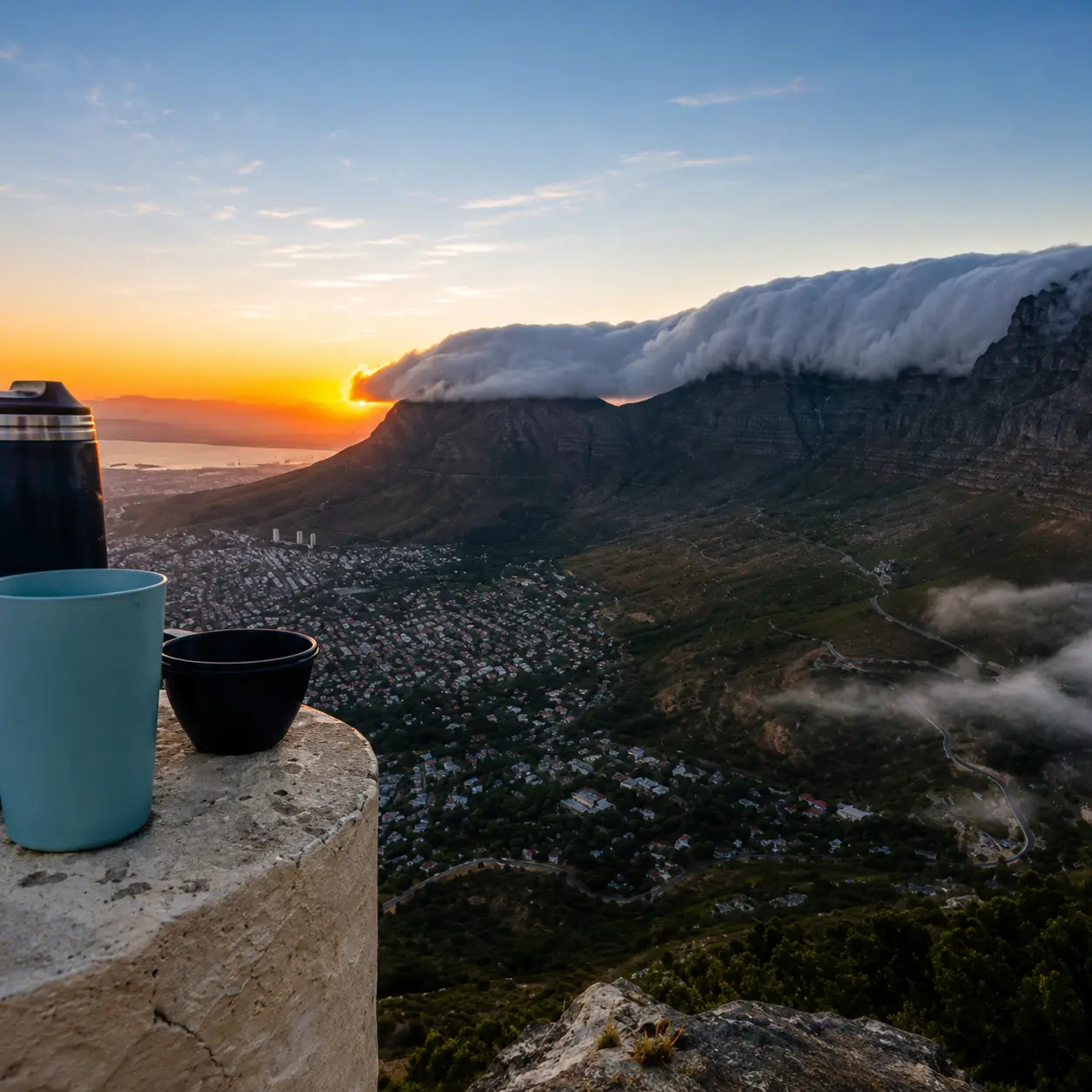 Coffee overlooking Table Mountain at sunrise with the iconic tablecloth cloud above Cape Town, South Africa.