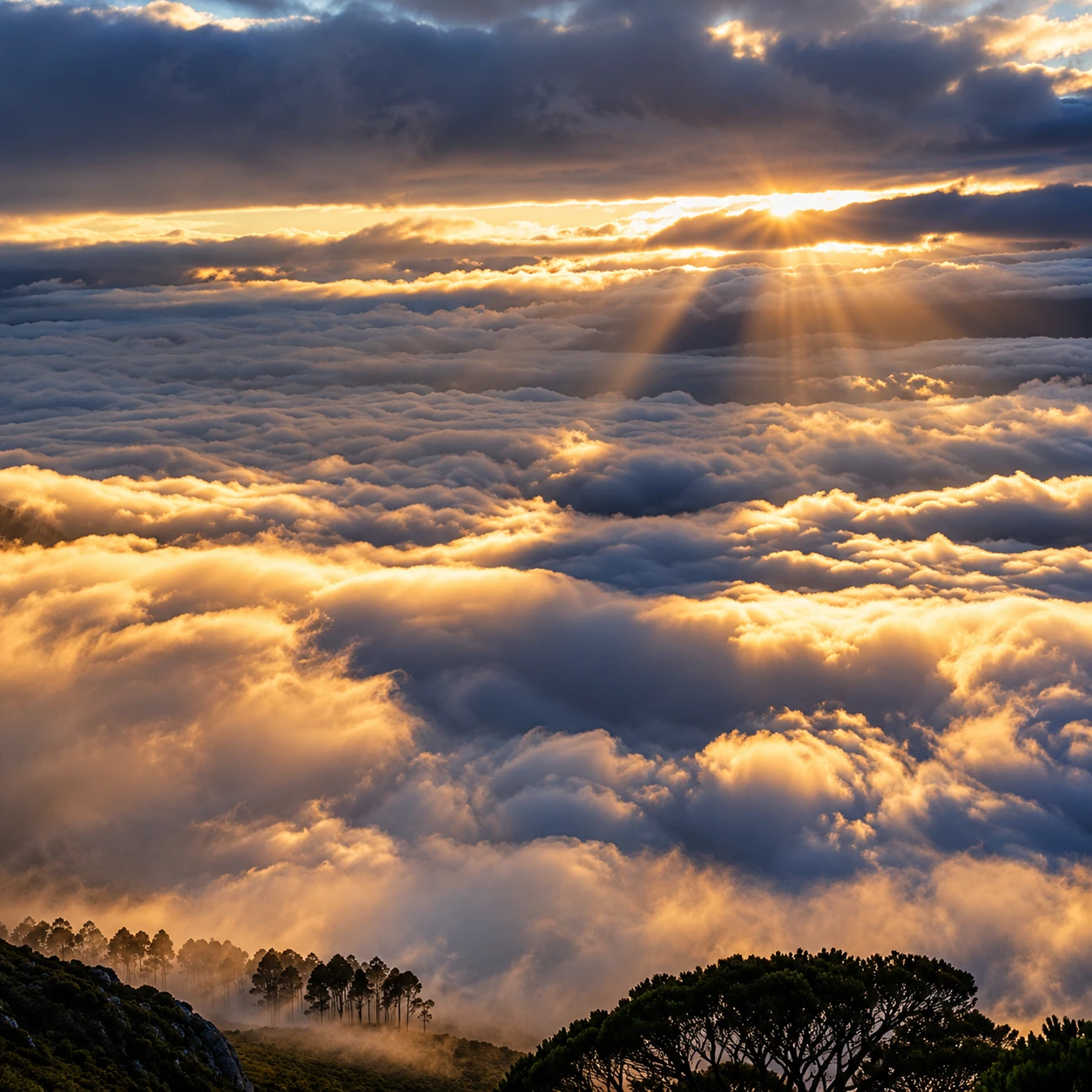 Sunbeams breaking through storm clouds above a sea of clouds on Table Mountain in Cape Town.