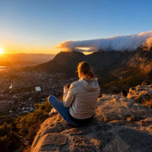 Guest enjoying sunrise on Table Mountain with the iconic tablecloth cloud overlooking Cape Town, South Africa.