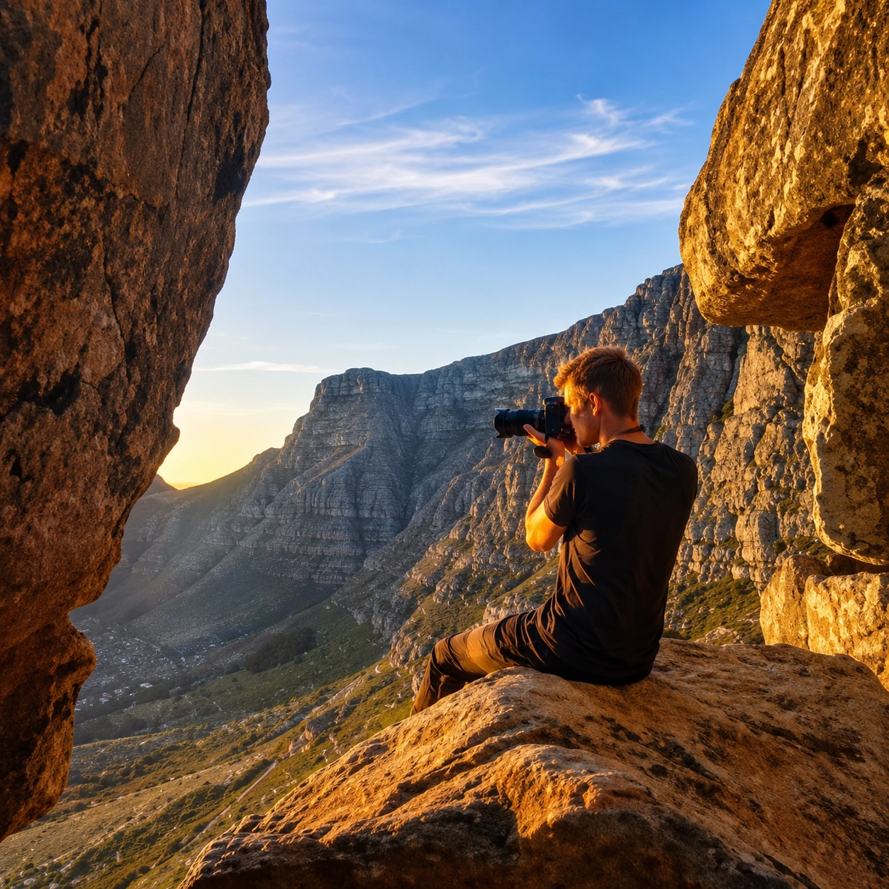 Photographer capturing the sunrise during a guided Lion's Head hike overlooking Table Mountain and Cape Town.
